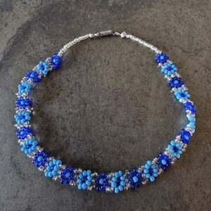 Beaded Blue Floral Choker Necklace From Mexico